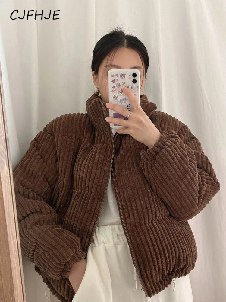 CJFHJE Simple Thick Corduroy Puffy Coat Women Fashion Solid Short Parkas Casual Winter Warm Female Cotton Down Zipper Jacket 240910
