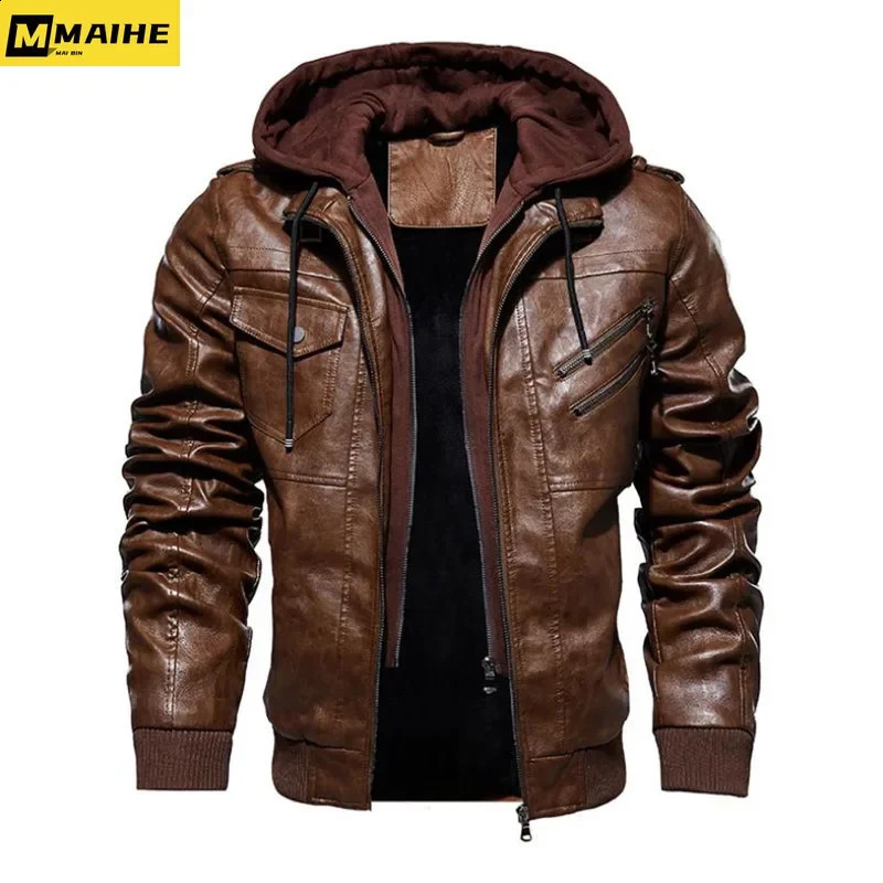 Winter high-quality mens leather jacket motorcycle hooded jacket mens warm and casual PU leather jacket wool mens jacket 240914