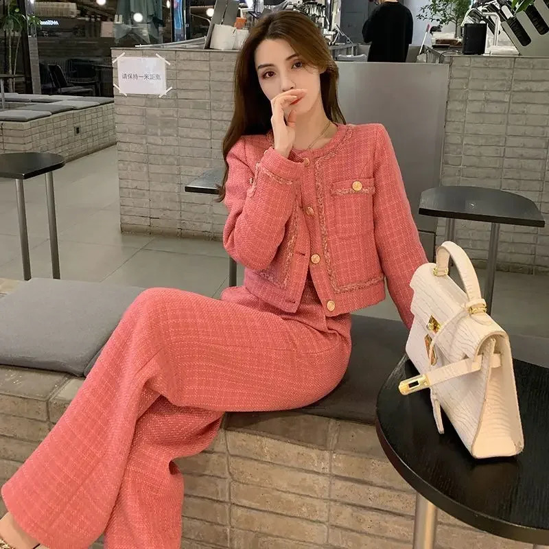 High quality womens spring temperature ultra-thin high-end small dress womens wide leg pants two-piece set 240912