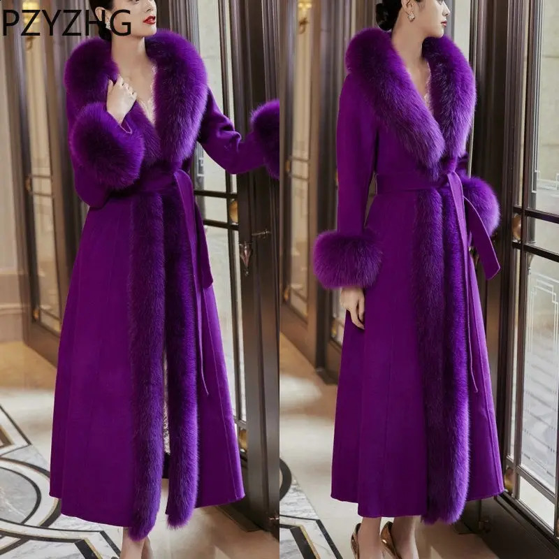 Women Winter Mink Coat Long Cashmere Coat Fox Fur Collar Thickened Woolen Coat Fur All-match Hin Thin 240909