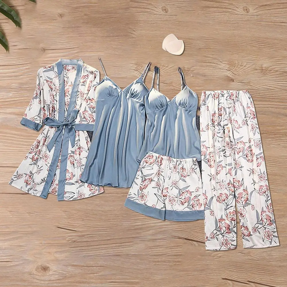 Lait de pyjamas de soie de soie femmes en satin pyjama ensemble silky satin fleur imprimé pyjamas pour femmes ensemble avec des coussinets de poi