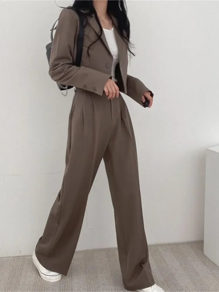 Womens Solid Casual Set Jacket Wide Leg High Waist Pants Office Womens Autumn Spring Crop Top Coat Two Piece Set 240912