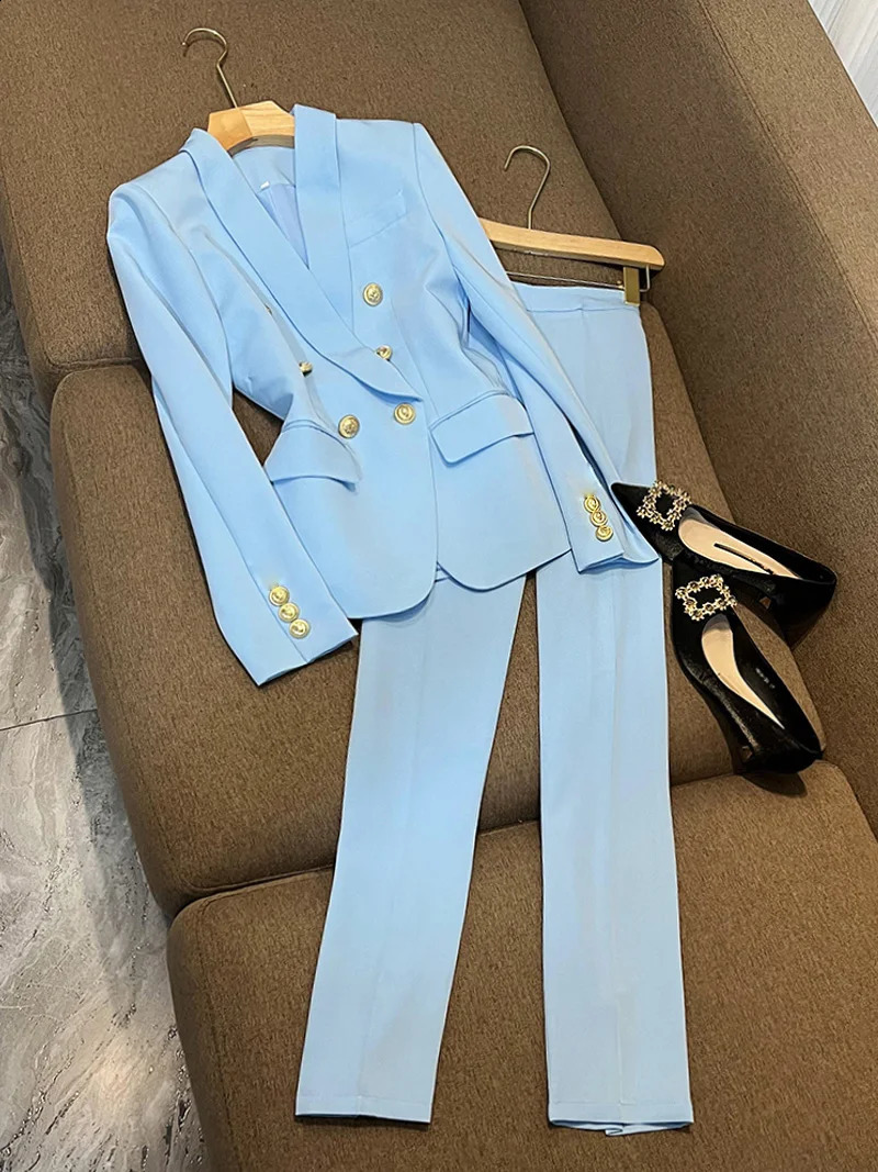 Womens Elegant Work Jacket Set Remarks Double Chest Jacket Coat Top and Pants Two Piece Matching Set Office Womens Wear 240912
