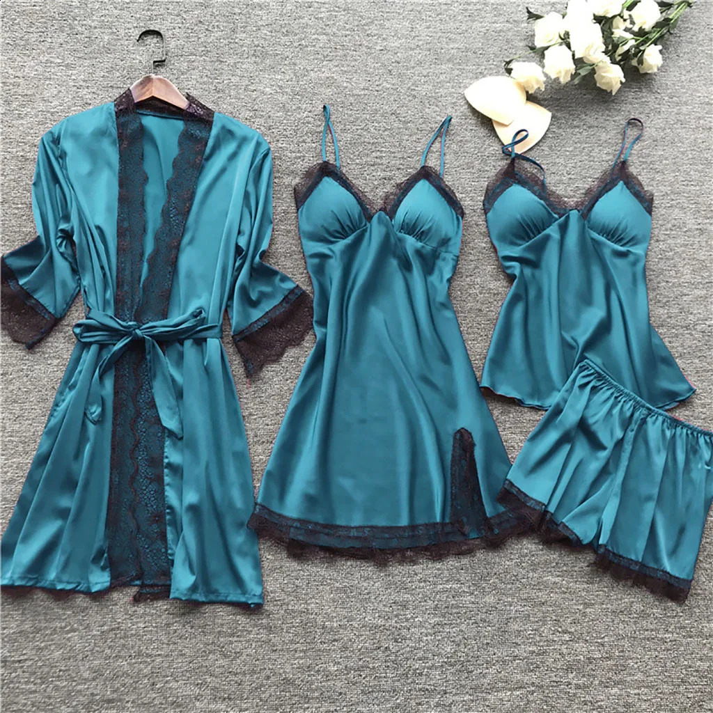 4pcs Sleepwear Pyjamas Set Silk Women NightRss Lace Robe Robe Sleep Nightwear Silk Color Pijama sets 240913