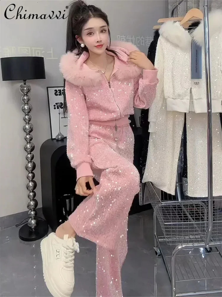 Fashion Velvet Casual Set Winter Clothing Sweet Glitter Hooded Fur Collar Sweater Wide Leg Pants Womens Two Piece Set 240912