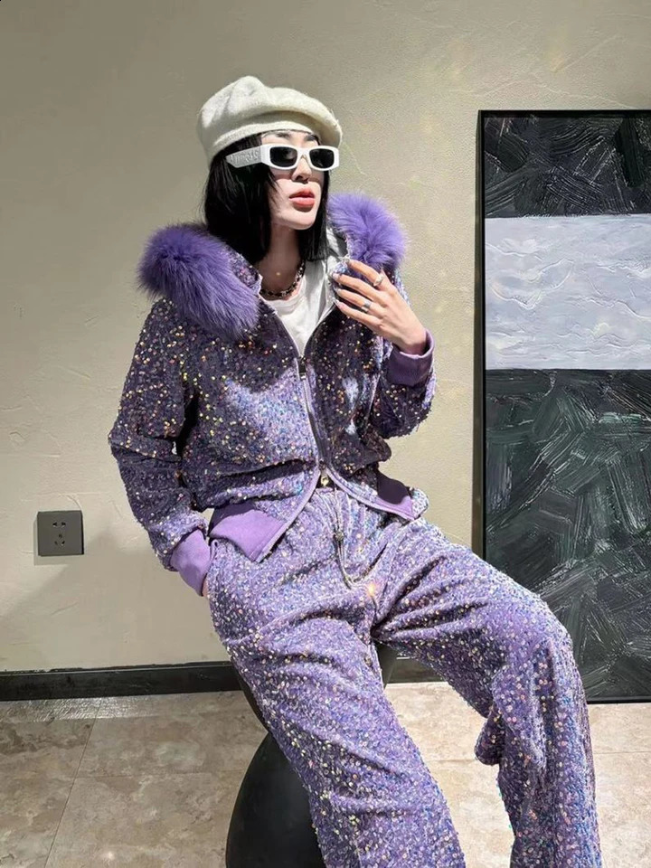 Winter fashion sequin two-piece warm womens large fur collar Parka high waist wide leg pants retro set 241015