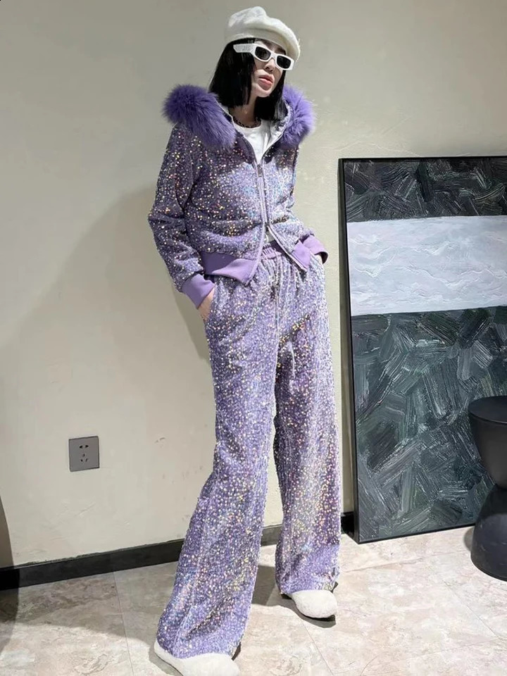 Winter fashion sequin two-piece warm womens large fur collar Parka high waist wide leg pants retro set 240912