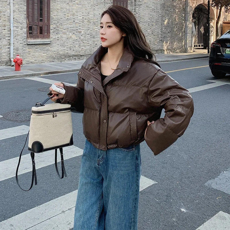 Coffee Color Pu Leather Cut Womens Jacket Winter Panther Puff Jacket 90% White Duck Jacket Thick Sleeves 240914