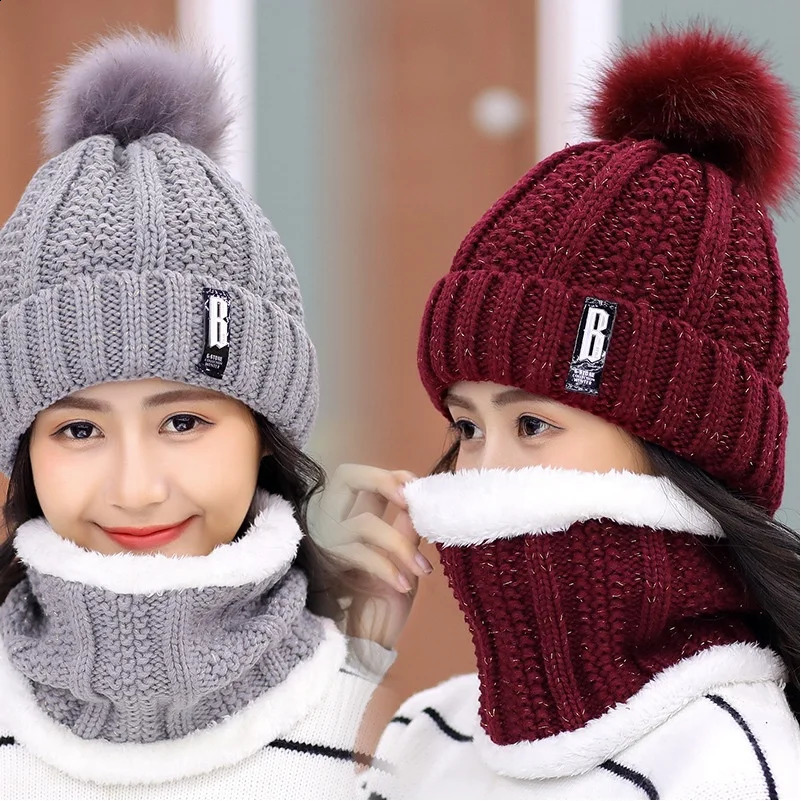 winter knitted scarf and hat set thick and warm skull bean hat suitable for womens solid outdoor snow riding skiing hat girls 240914