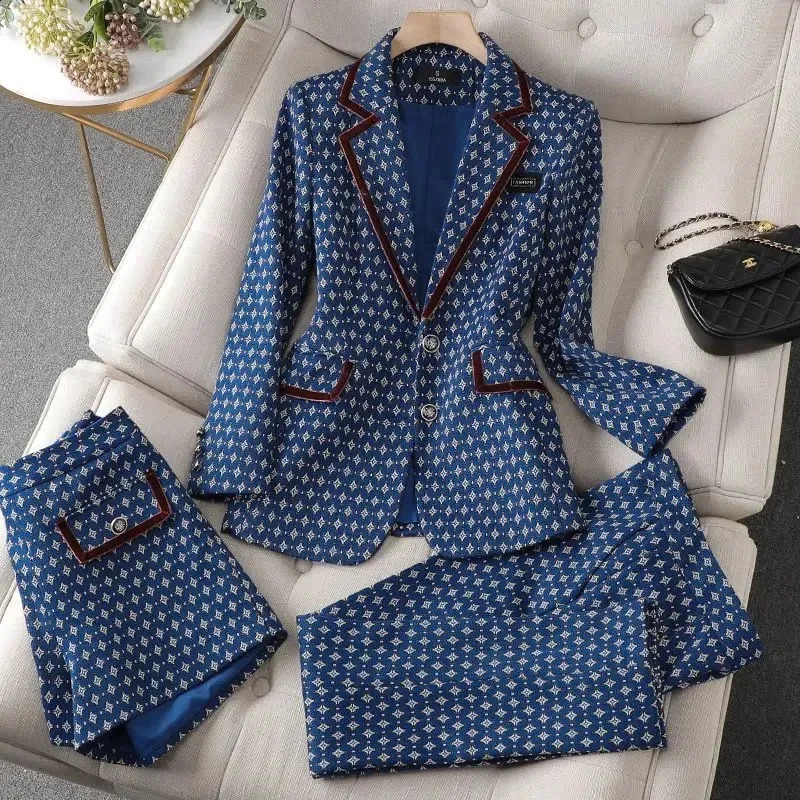 Womens elegant office pants set jacket jacket top and shorts two-piece matching set winter Orton printed clothing 240912