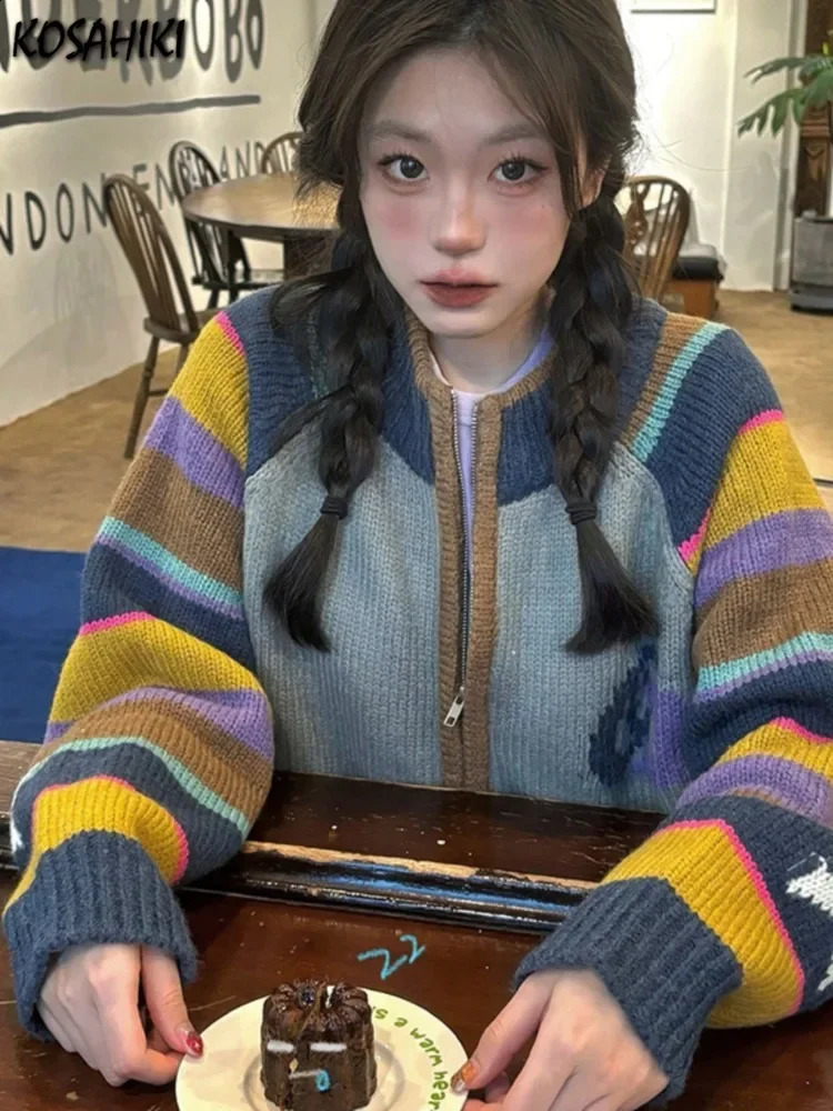 Couleur de contraste Cardigan rayé rétro Y2K esthétique lâche éclair plissé pull en tricot japonais veste arc-en-ciel décontractée 240914