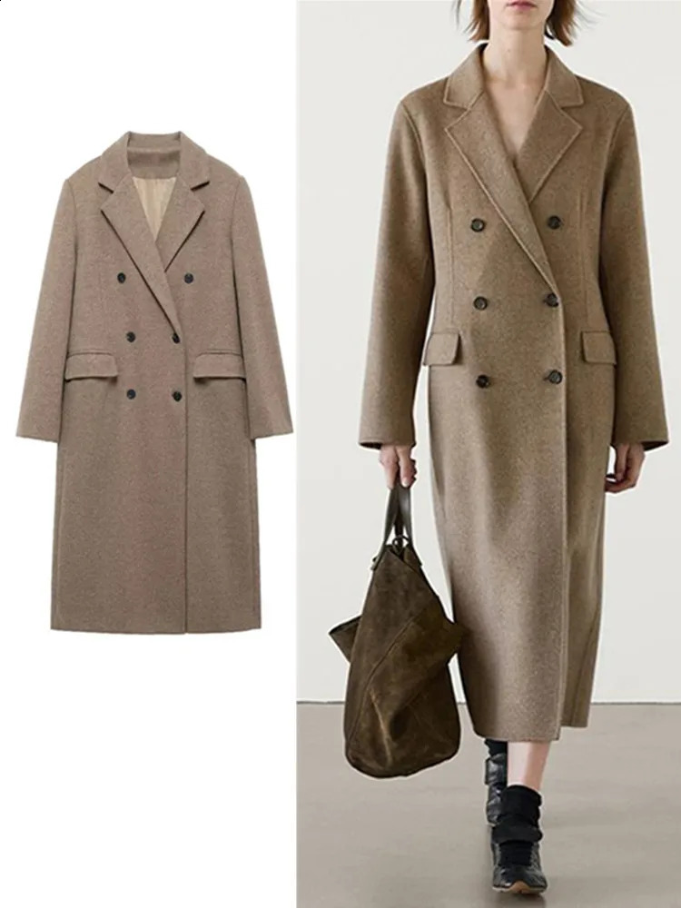 Elegant Long Womens Coat Double Breasted Tweed Lapel Pocket Jackets Winter MidLength Straight Wool Outerwears Lady Office 240910Z