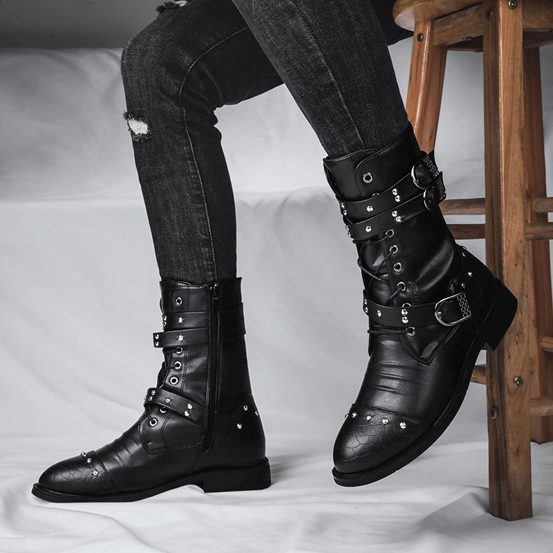 Winter Mens Motorcycle Boots Ankle Warm Fur Plush Chelsea Boots Good Quality Punk Rivets Buckle Gentleman Male Shoes Plus Size 240914