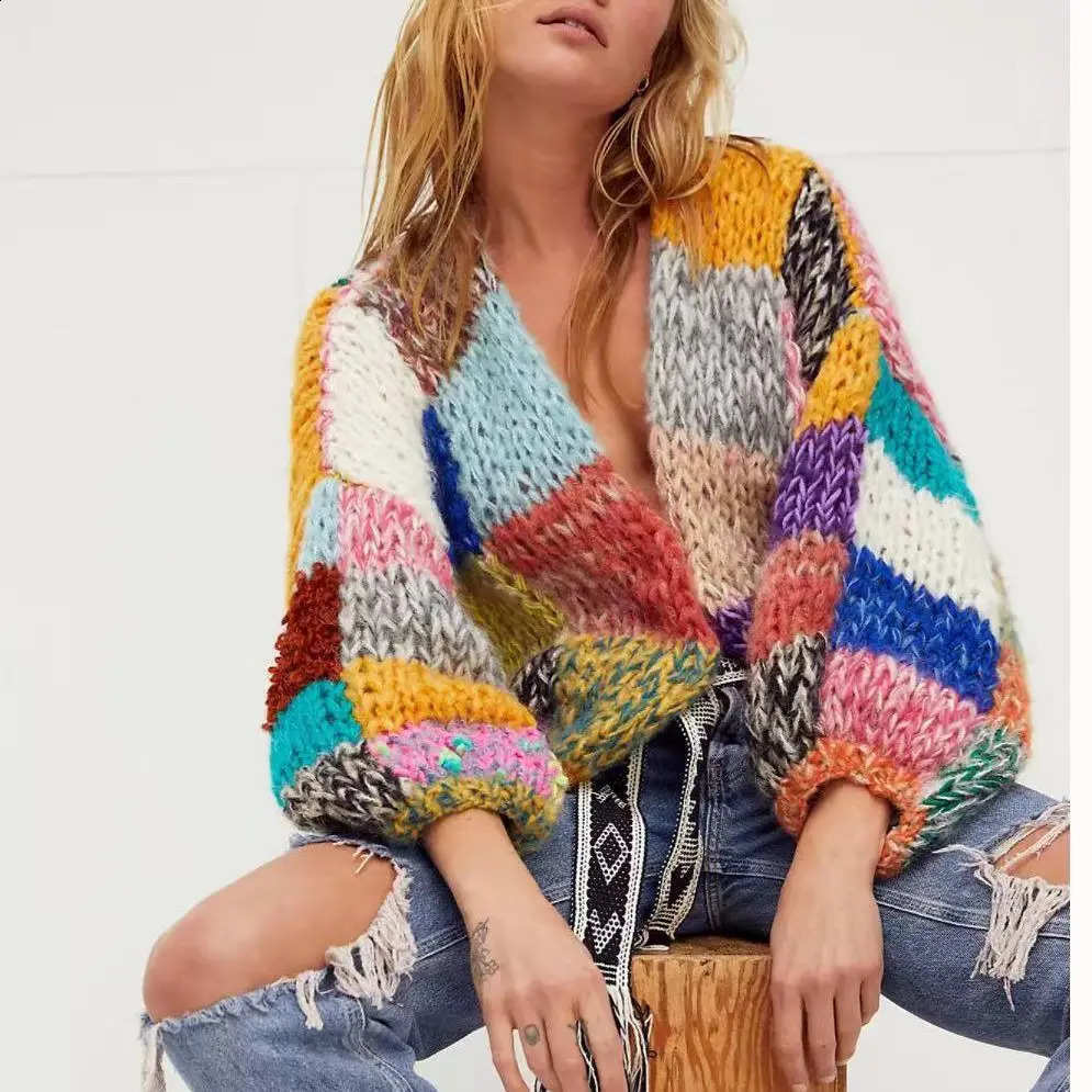 Teelynn rétro arc-en-ciel simple en tricot out tricoté pour femmes rétro surdimensiond Pull lâche chaude hiver Bohemian manteau 240914
