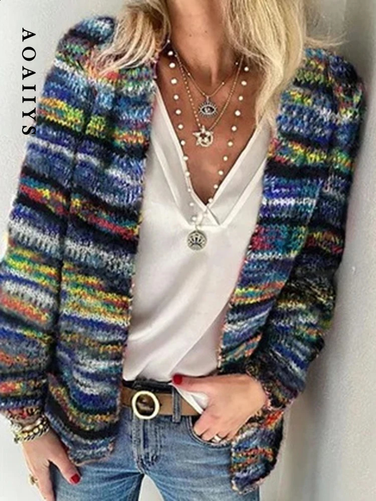 Aoaiys Rainbow Stripe Cardigan Womens Knitted Sweater Pocket Long Sleeve Cardigan Fashion Casual Autumn Winter Sweater Coat 240914