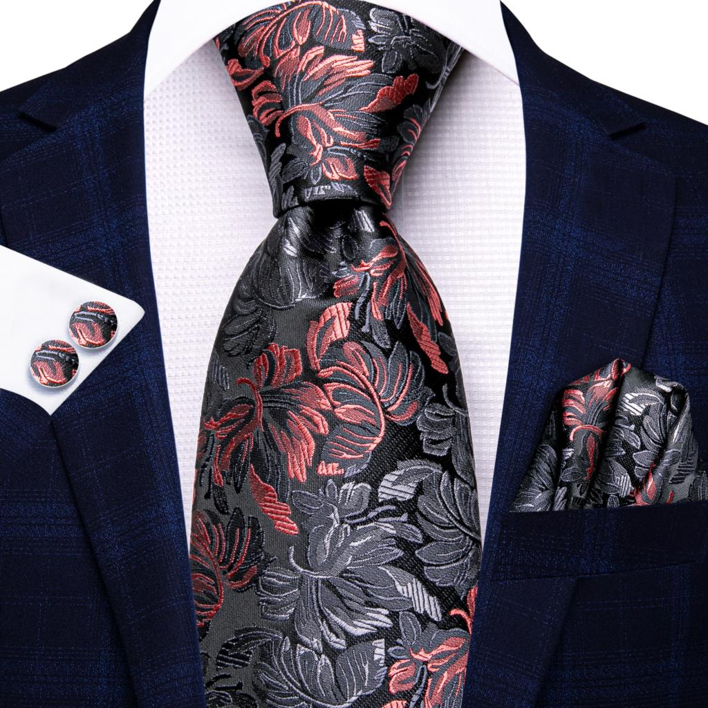 2024 New Floral Black Red Necktie Silk Elegent Tie For Men Fashion Brand Wedding Party Handky Cufflink Wholesale Hi-Tie Designer