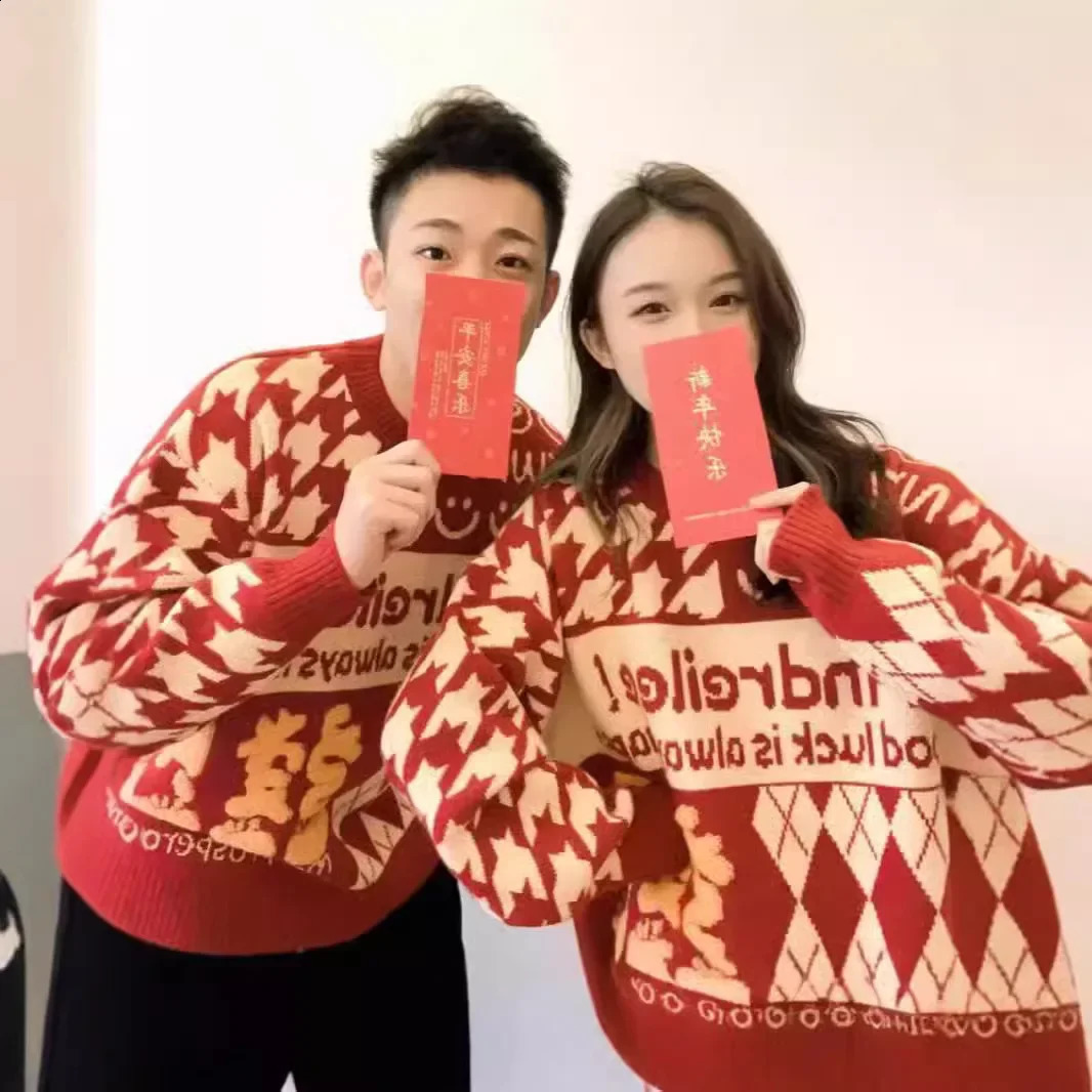 Red Sweater Men Womens Couple Thanksgiving Christmas Embroidery Pullover Thickened Knitted Top Crew Neck For Autumn Winter 240911Z