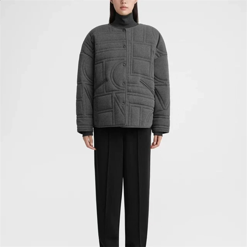 winter womens hemp gray geometric quilted plain knitted cotton coat y2k high quality fashion casual loose jacket coat 240914