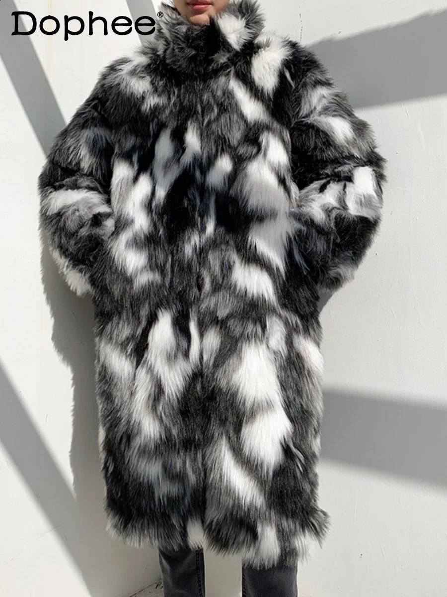 Winter Mens Fur Leather Jacket Mens Trendy Large Medium Long Coat High end Plush Cotton Pad Long Sleeve Coat 240912