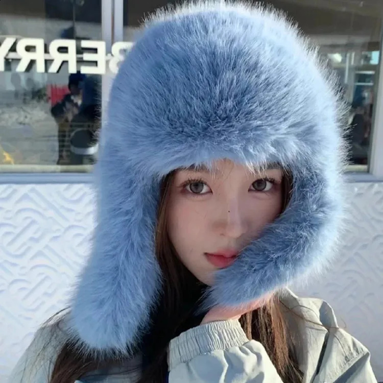 Winter Artificial Mink Plush Hat Womens Outdoor Fur Bomber Hat Thick Fur Windproof Ear Hoods Warm Hat Ski Vacation Hat 240914