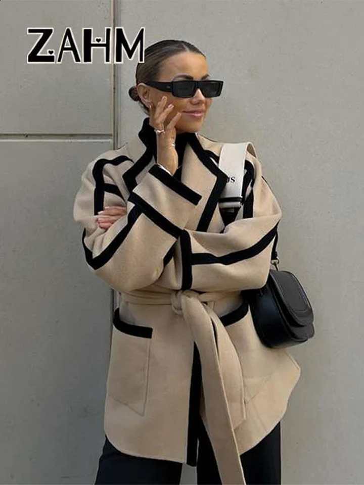 Elegant comparison womens wool coat with collar long sleeves and large pockets womens jacket for autumn and winter 2024 womens clothing 240914