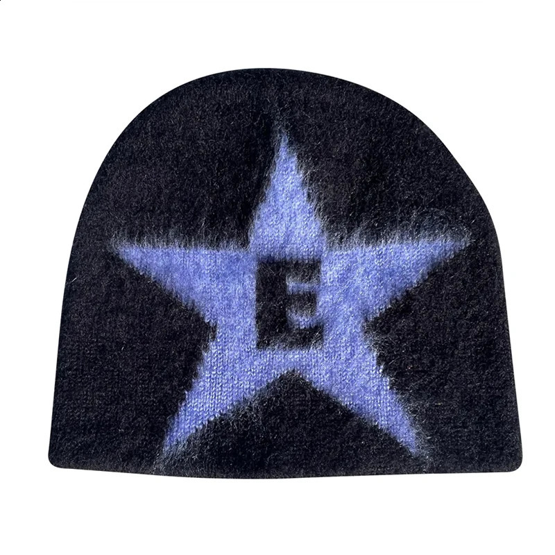 Y2K Hat Star Jacquard Knitted Hat Winter Hat Kpop Fashion Warm High Quality Rabbit Fur Hat Neutral Knitted Harajuku Beanie 240914