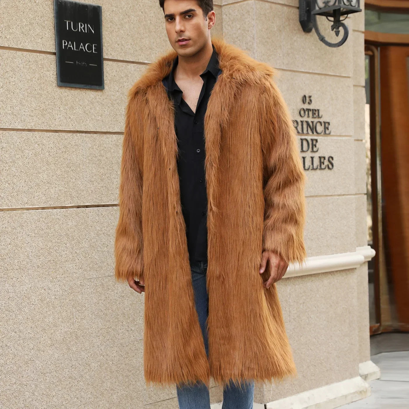 Mens artificial fox fur leather jacket winter warm furry jacket luxurious fur long jacket thick fluffy long sleeved Bontjas jacket for men 240912
