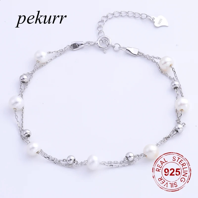 Pekurr double chaîne 925 argent pur 4,5 mm Bracelet de bijoux en eau douce naturelle ronde Bracelet de bijoux à 7 perles 240918