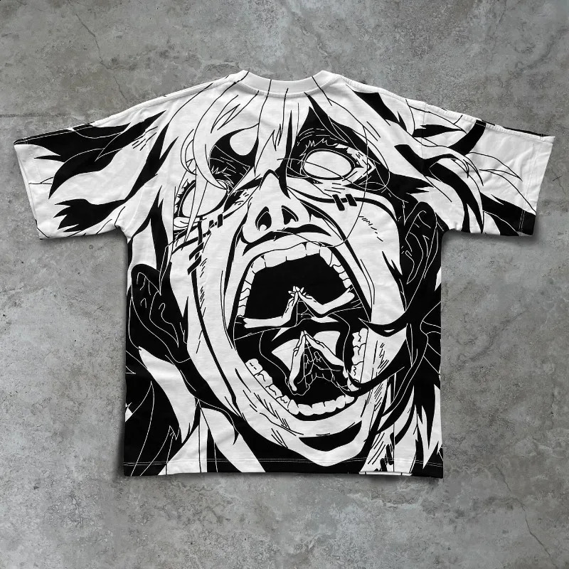 Manga T-shirt Y2k style Harajuku streetwear pattern print mens spring and summer casual round neck oversized 240914