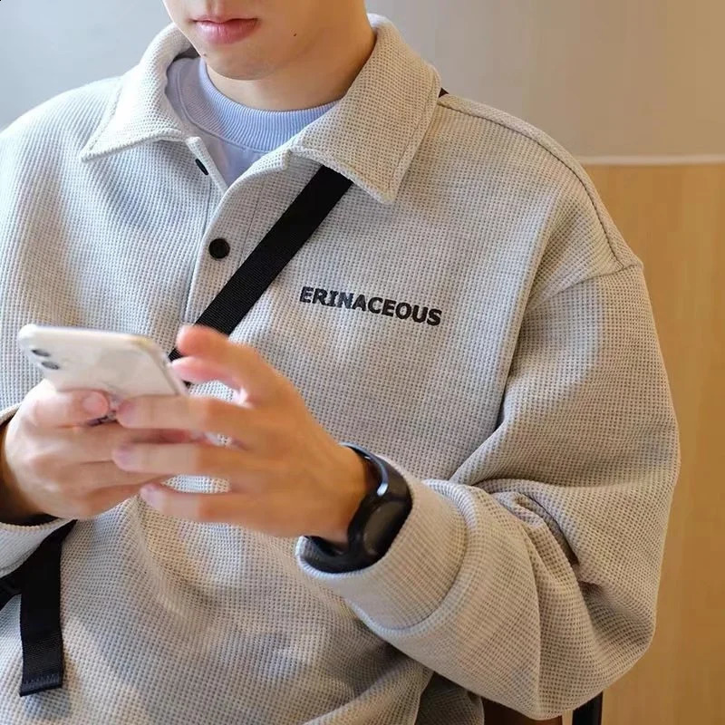 autumn Japanese polo shirt mens casual waffle collar sweatshirt long sleeved top hoodie 240918