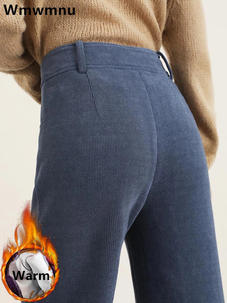 Winter womens plush velvet lined Corduroy straight pants with thick high waisted pockets Pantalon casual warm wide leg sports pants 240914