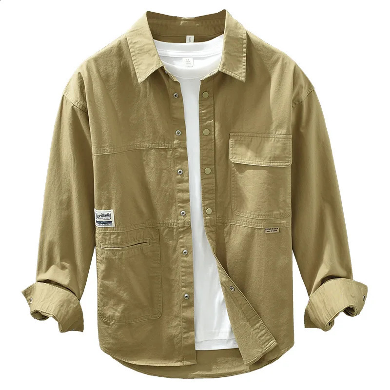 Khaki workwear long sleeved jacket for men in spring and autumn Japanese youth trend loose casual shirt 240914