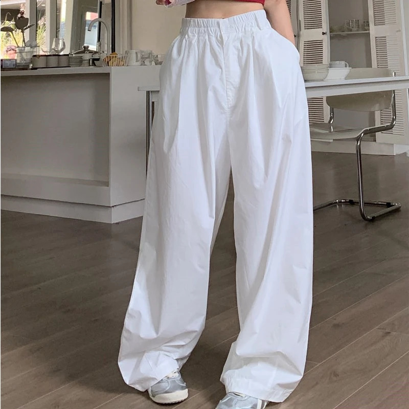 Wide leg white pants for womens casual oversized Korean style cargo pants fashionable classic pocket hip-hop pants for women fully matched pants 240