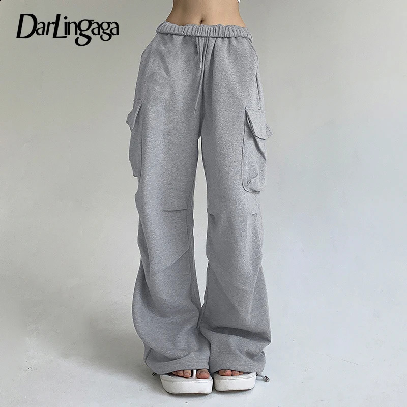 Darlingaga casual solid drawstring autumn sports pants drawstring bagged cargo Trouser womens Korean basic jogging set 240914