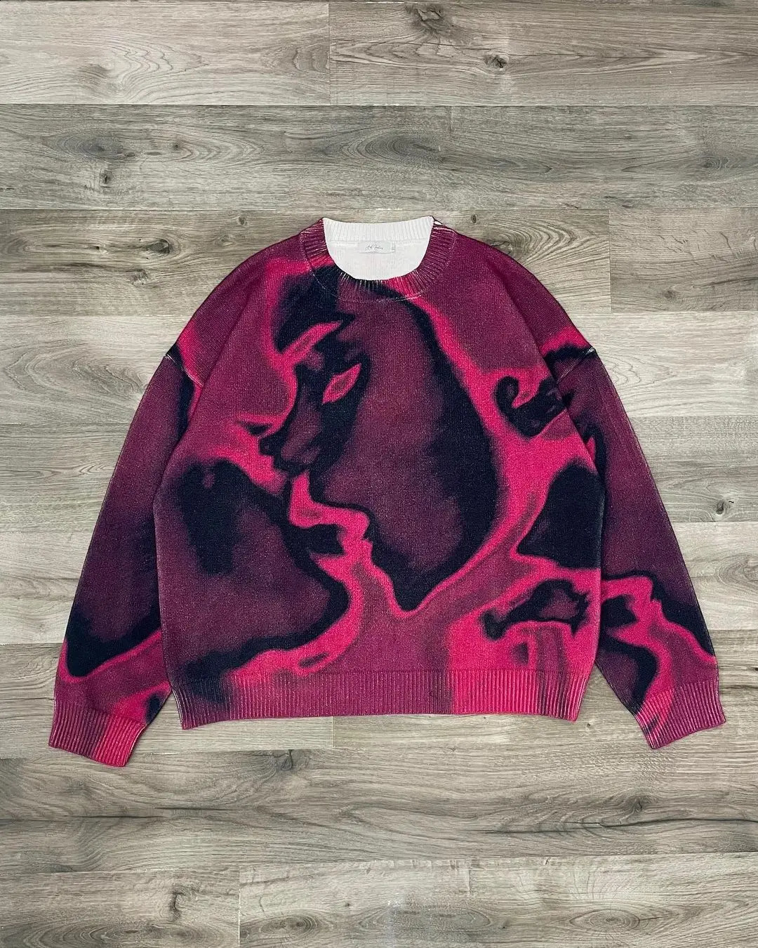 American Street Figure Geometric Printing Loose Harajuku Couple Knitted Sweater Y2k Retro Rose Red Casual Pullover 240911Z