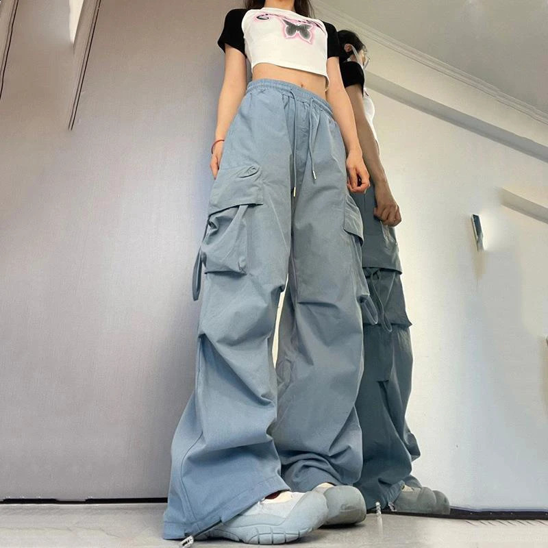 Womens Y2K cargo pants high waisted streetwear hip-hop mens style womens large pockets casual low waisted drawstring sports pants 240914