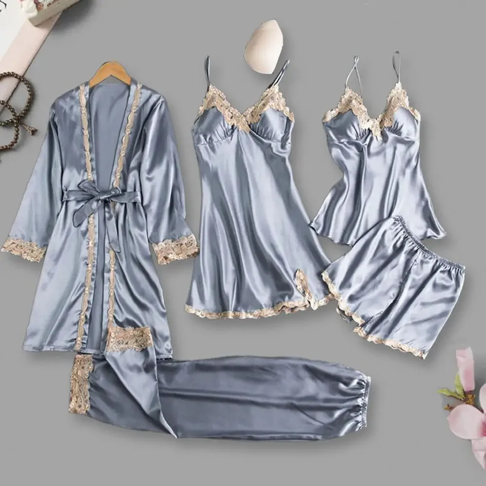 Ensemble de pyjama en 5 pièces Silky Satin Lace Patchwork Femmes Pyjamas Femme avec un short supérieur Pantalon Lace-Up Taille de taille pour les