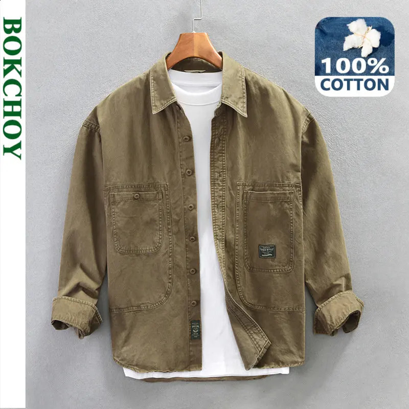 Spring Mens Casual Shirt 100% Cotton Large Pocket Four Seasons Loose Mens AZ760 240914