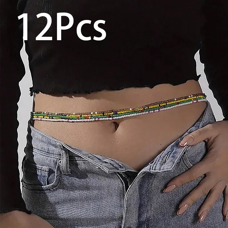 12 pièces / ensemble Femmes Chaîne de taille colorée Chaîne élastique Chaîne Bikini Bikini Chaîne Summer 240918