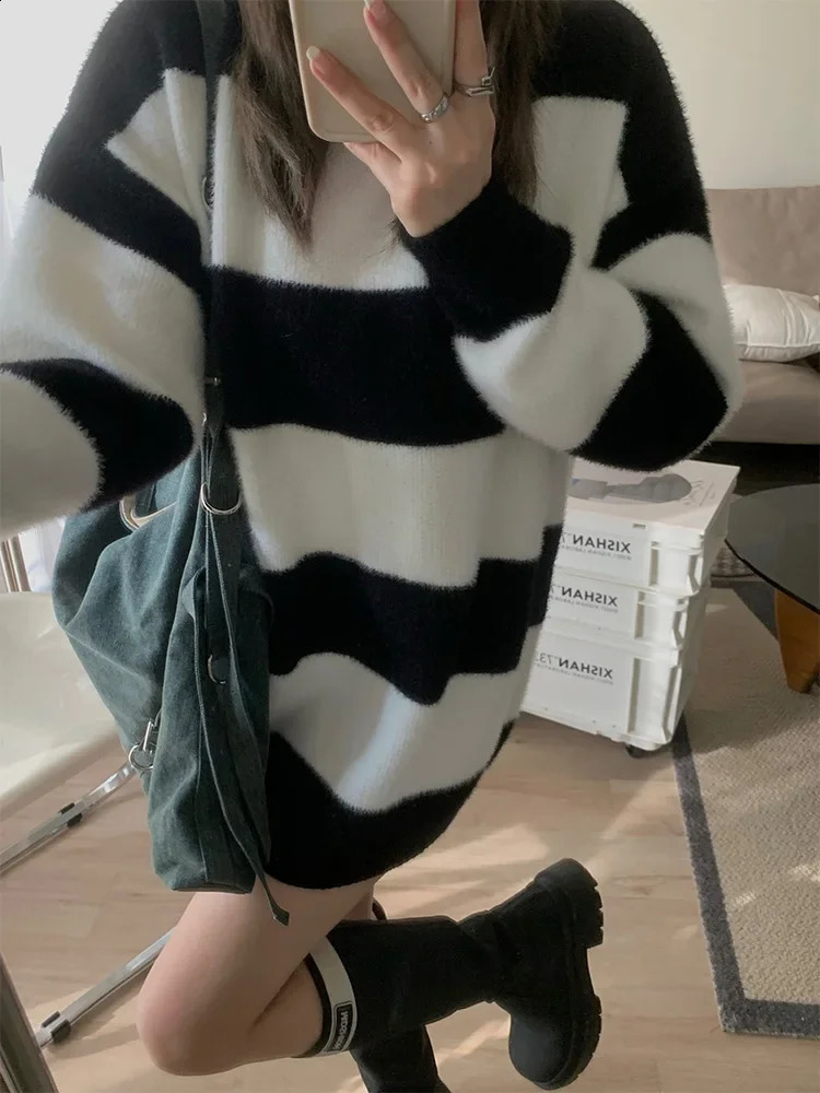 Knitted Sweaters for Women Fashion Vintage Casual Jumpers Striped Loose Long Sleeve O Neck 2024 Autumn Winter Pullovers 240911Z