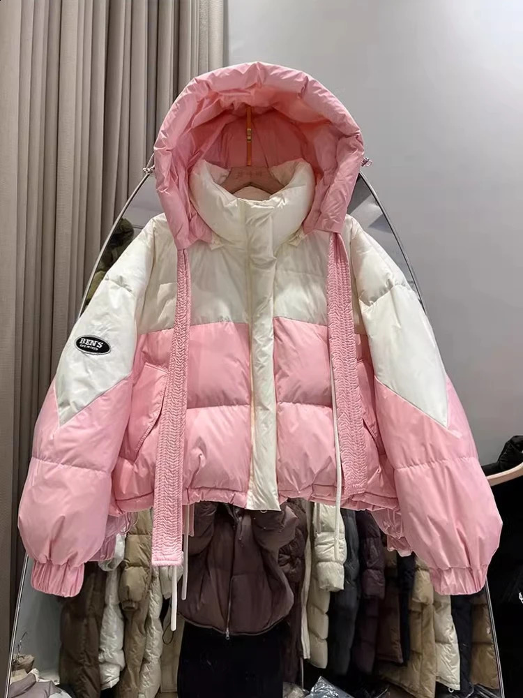 Winter Plus Size Thickened Down Jacket Womens Y2k Sweet Casual Bread Suit Hooded Contrast Color White Duck Puffer Coat 240914