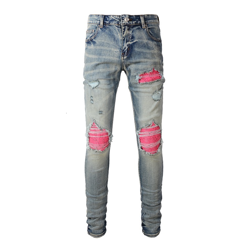 Men's Fashion Washed Distressed Frayed Slim Blue Ripped Jeans Patwork Leather Stret Blk Denim Cotton Stked Pant L26924