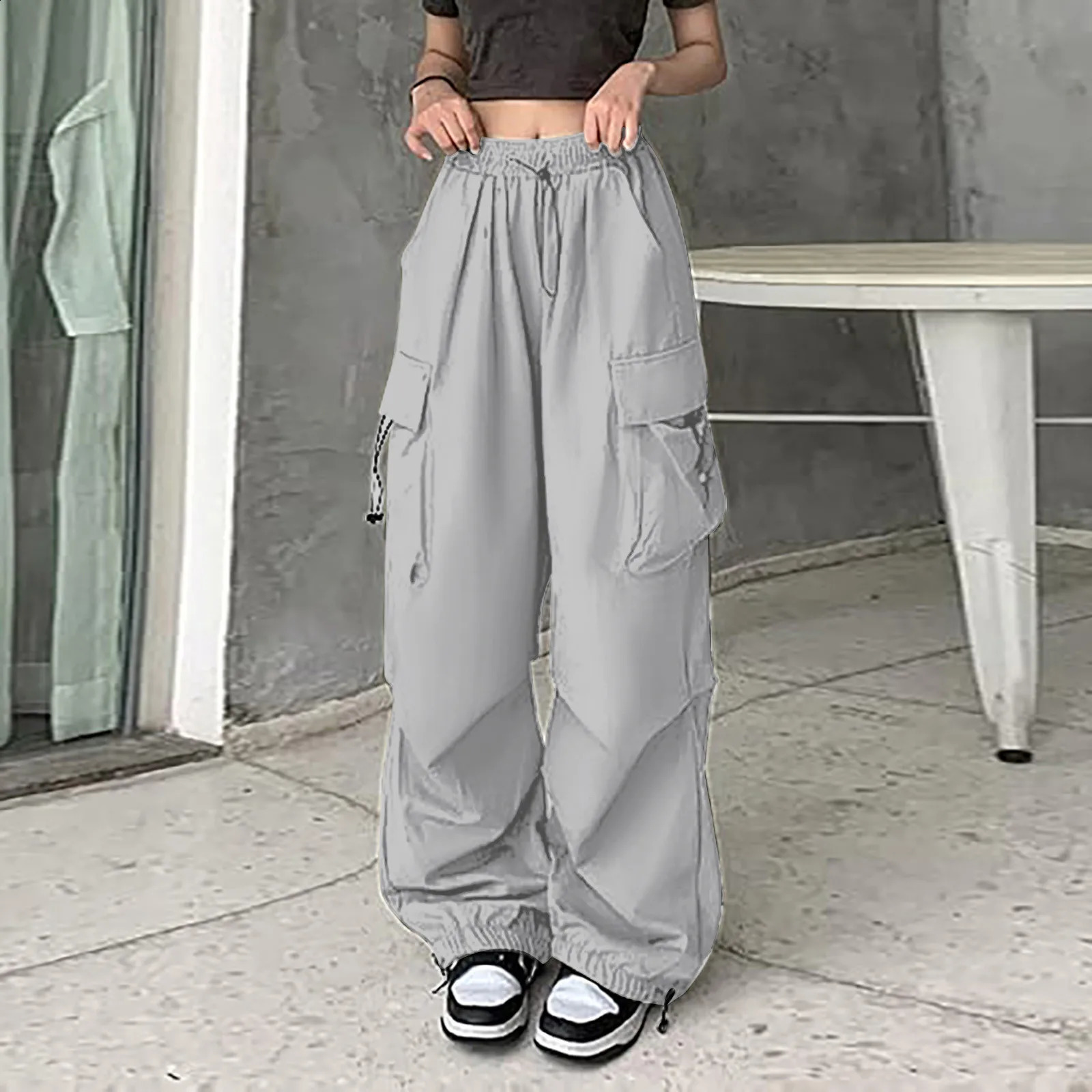Womens Y2K cargo pants are fashionable casual high waisted large pocket hip-hop mens womens drawstring bag sports pants 240914