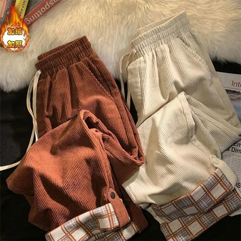 High quality Corduroy straight Trouser womens autumn and winter oversized 6XL wide leg pants wool thick warm casual pants for women 240914