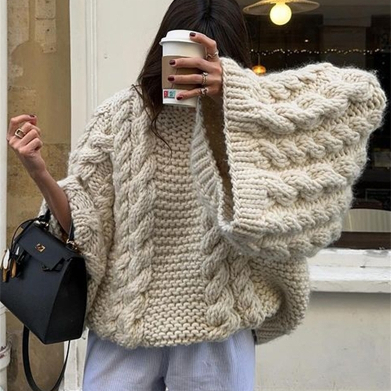 Oversize Knit Pullover Women Casual Lazy Round Neck Kink Solid Sweater Female 2024 Autumn Winter Loose Sleeves Knitwear Lady 240912