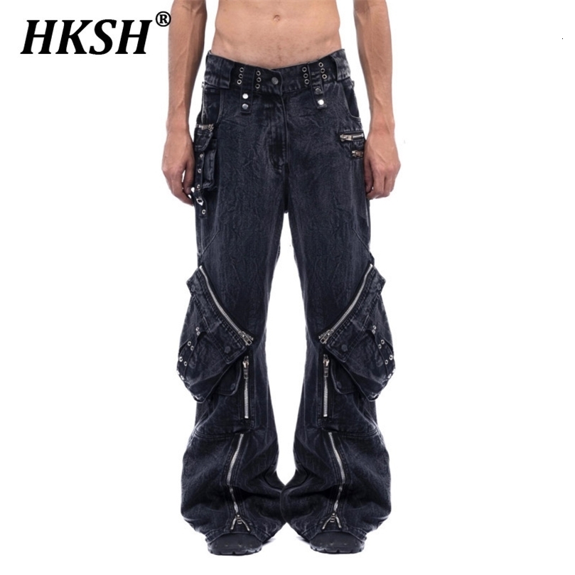 HKSH Mens Niche Retro Moss Green Loose Pocket Denim Pants Dark Safari Style Fashion Heavy Industry Jeans HK0128 240913