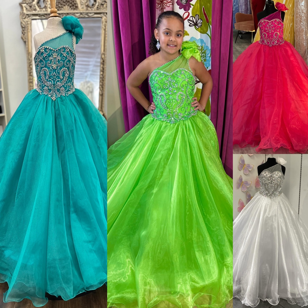 Robe de concours de beauté pour fille à une épaule 2025 Cristaux Robe de soirée formelle d'anniversaire pour petit enfant Enfant en bas âge Adole
