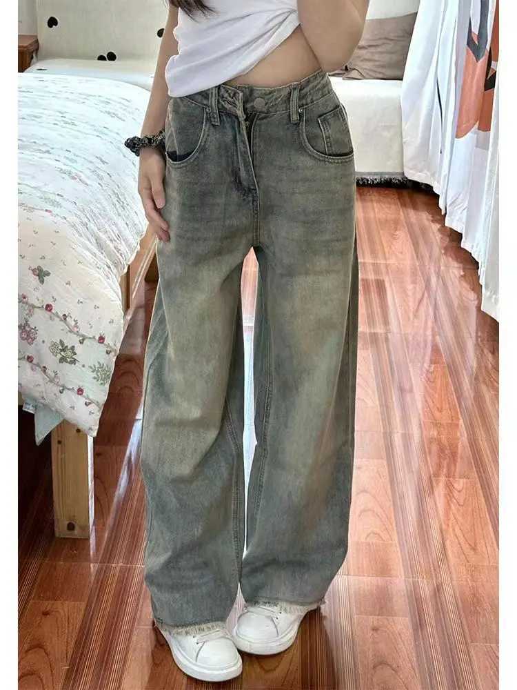Women's Jeans New Retro High Waist Loose Flare Jeans Lady Designer Baggy Wide Leg Pants Korean Version Raw Edge Denim Blue Trousers 957 M240914