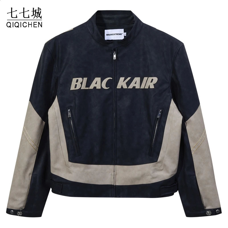 Hip Hop PU leather jacket mens spliced letter patch ultra-thin suitable for bomber jacket Y2K retro waterproof jacket autumn streetwear 240918