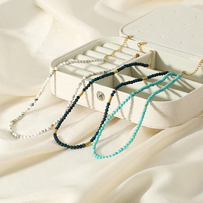 Ins Trendy 18K gold-plated stainless steel lapis lazuli white turquoise necklace womens natural stone Dainty necklace gift 241021